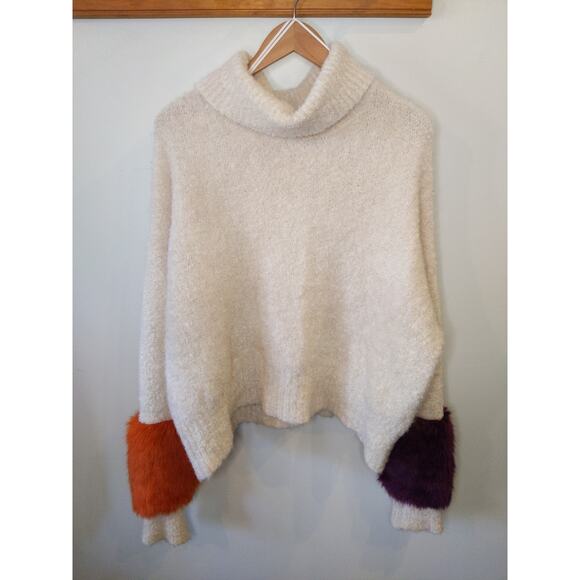 Women's Small Zara Cream Fuzzy Turtleneck Sweater Color Block Purple Orange Cuff - Picture 1 of 11